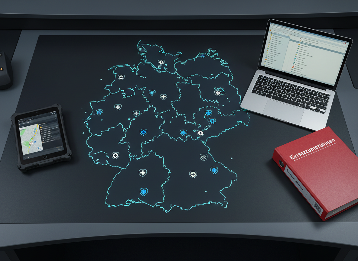 A detailed top-down view of a large digital map of Germany displayed on a sleek, dark grey control-room style desk, with each federal state outlined in subtle neon blue and marked by tiny, precisely rendered BOS icons for fire stations, police stations, rescue services and critical infrastructure. Around the map lie neatly arranged, modern hardware: a ruggedized tablet showing a zoomed-in station detail page, a slim laptop with a structured directory tree, and a sturdy, red ring binder labeled “Einsatzunterlagen”. Cool, diffused overhead lighting reflects softly on the matte surfaces, creating a calm, analytical atmosphere. Photographic realism, sharp focus throughout, with clean, modern composition emphasizing structure, clarity and reliability, suggesting a professional BOS navigation and planning tool without any human presence.