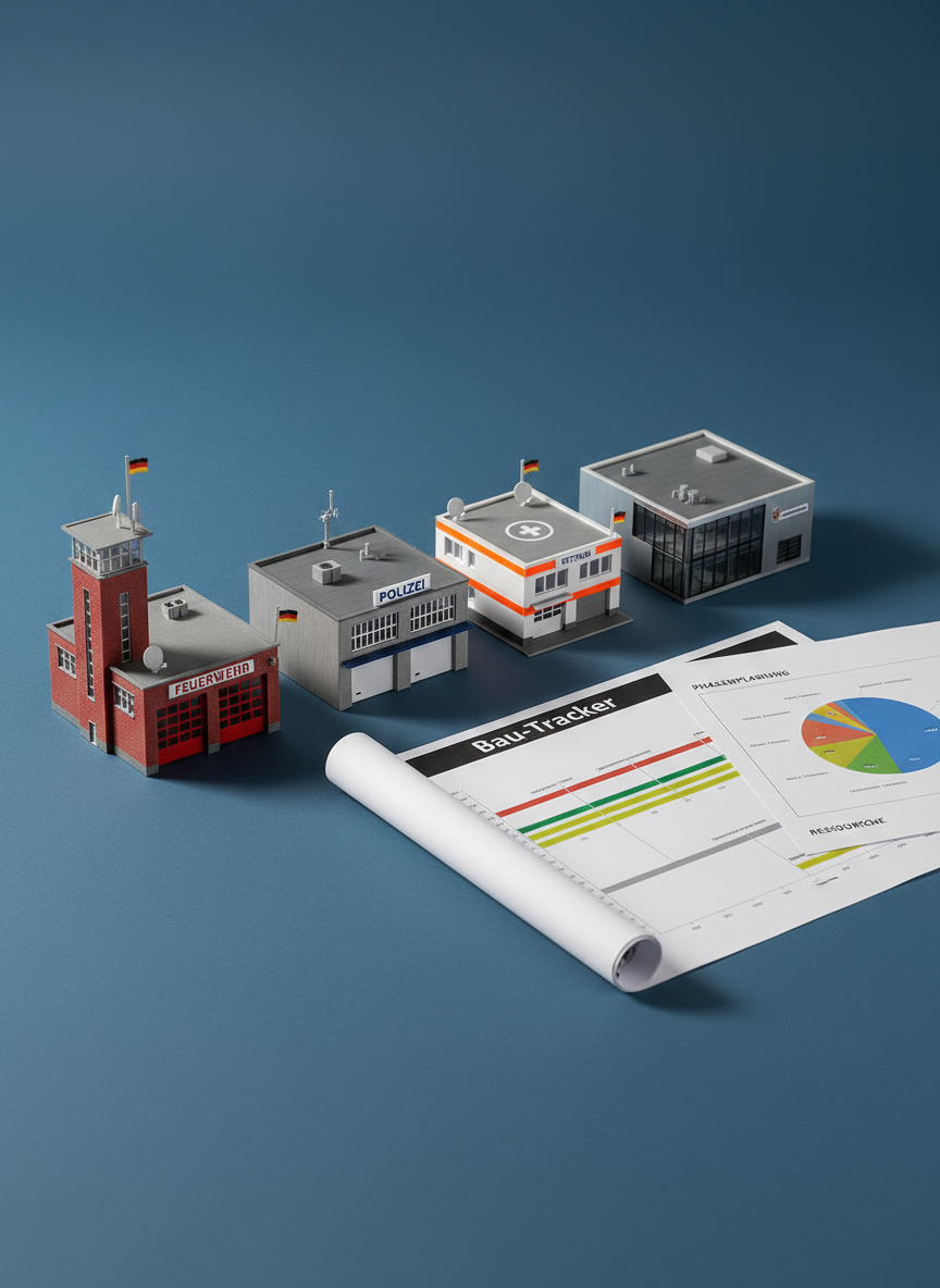 A carefully composed still life of BOS-relevant architecture models laid out on a matte dark-blue tabletop: a small-scale fire station, a police station, an ambulance post and a discreet, modern data center building representing critical infrastructure. Each model is finely detailed with German signage, antennas, realistic garage doors and color-accurate facades. Beside them, a printed construction timeline labeled “Bau-Tracker” and color-coded planning charts underline the idea of real-world structure building. Neutral studio lighting from the left creates soft, precise shadows that highlight textures and edges. The mood is methodical and forward-planning, captured in photographic realism from a slightly elevated angle, with a clean, modern aesthetic that visually communicates the BOS Navigator’s construction and planning tracking features.