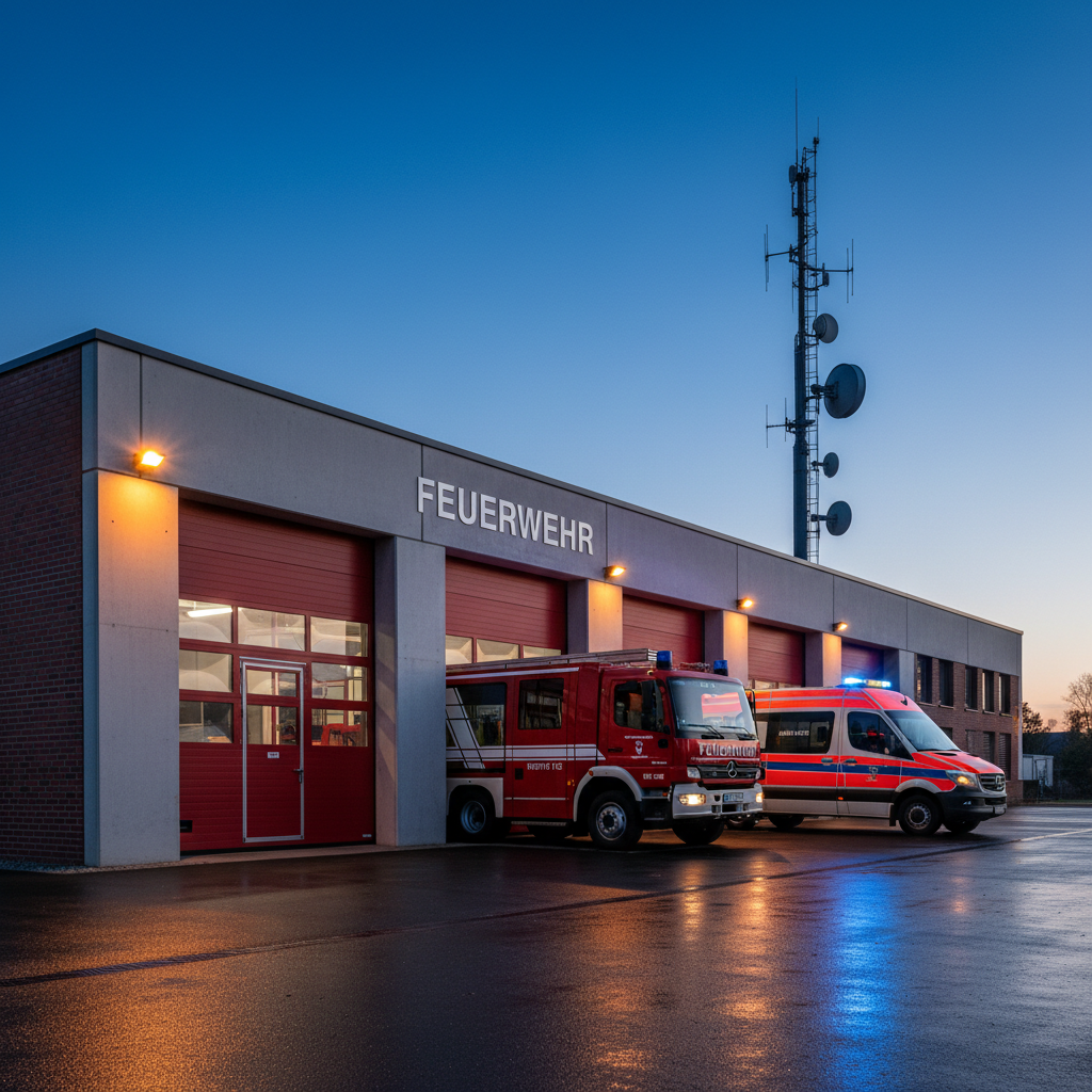 The front of a modern German fire station at dusk, built in clean concrete and red brick, with meticulously detailed closed red appliance bay doors, a crisp “FEUERWEHR” inscription and a tall antenna mast silhouetted against a blue evening sky. In front, two parked emergency vehicles—a bright red LF fire engine and a white-red RTW ambulance—are rendered with accurate German BOS markings, reflective stripes and blue light bars turned off. Streetlights cast soft, warm pools of light onto wet asphalt, creating subtle reflections and a focused, duty-ready mood. Shot in photographic realism from a low, three-quarter angle, with the station centered and surroundings gently blurred, conveying trust, structure and the real-world nature of the BOS Navigator directory.